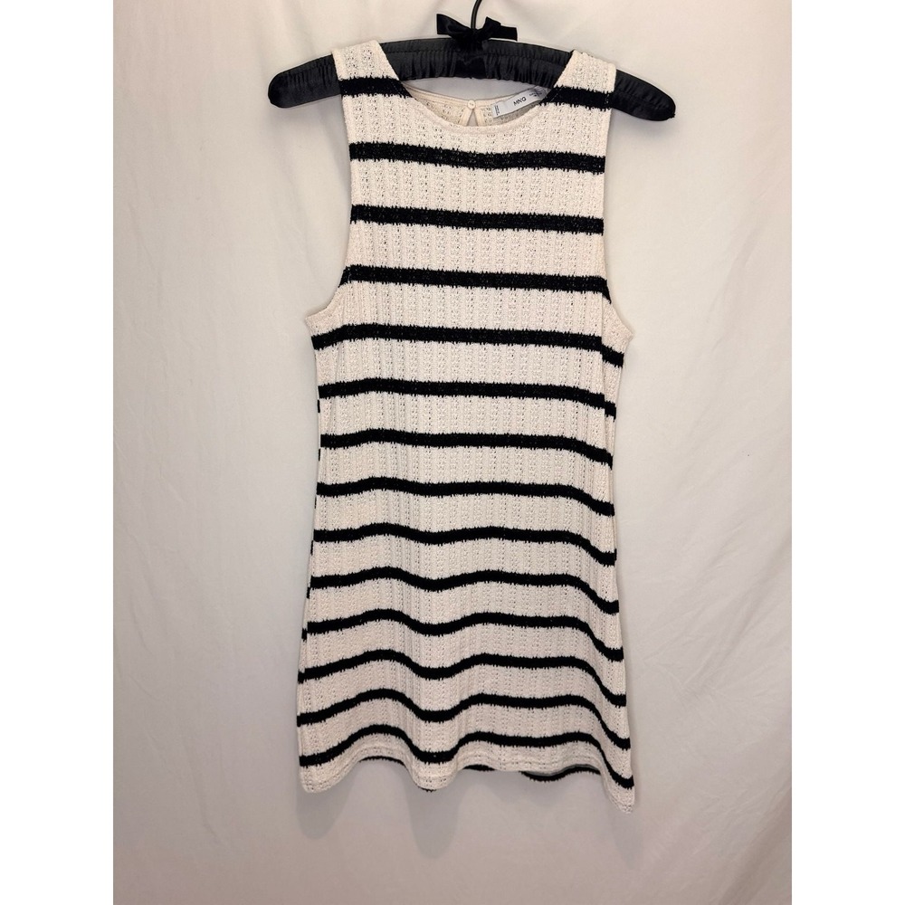 MNG - Knit Striped Mini Dress Sleeveless Crochet - Ivory Black - 10 - Womens